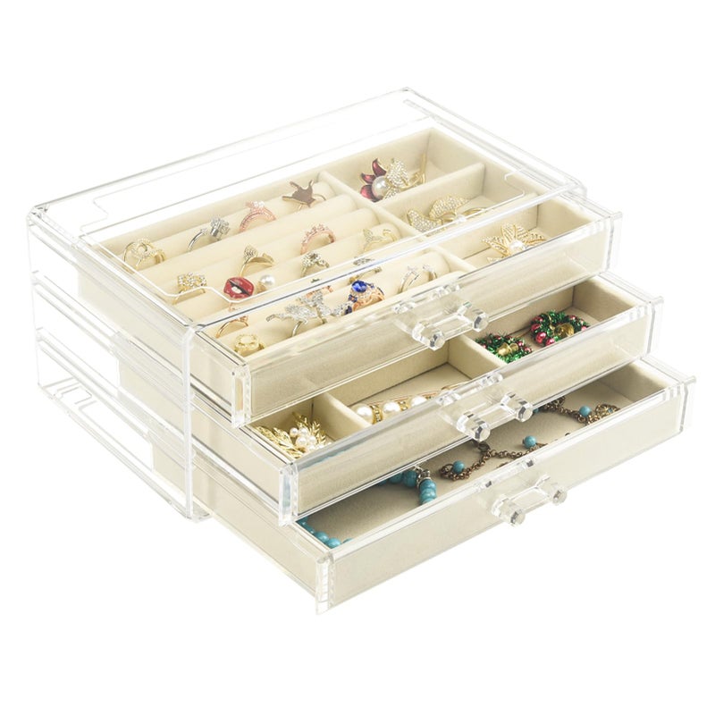 Weiai Acrylic Jewelry Box 3 Drawers, Velvet Jewellery Organizer, Earring Rings Necklaces Bracelets Display Case Gift for Women, Girls, Beige - Image 1